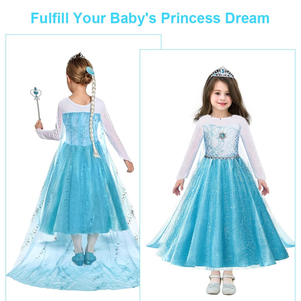 URAQT Costume di Elsa, Set da Principessa Elsa Corona Bacchetta Guanti Treccia, Costume di Cosplay Party Halloween Costume Abito delle Ragazze di Natale Vestito Fantasia (Verde Chiaro-130)
