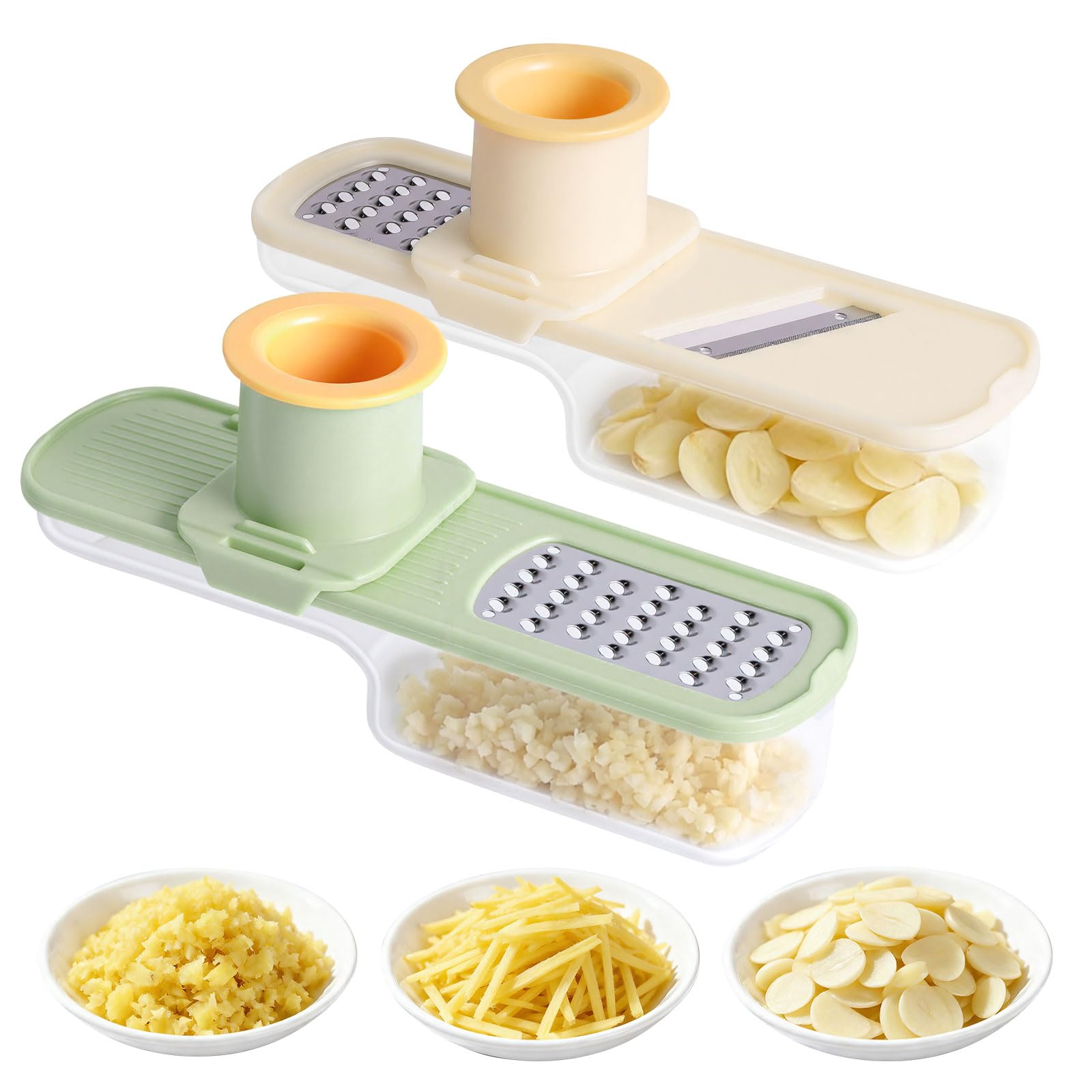 2pcs Garlic Slicer, 3-in-1 Multifunctional Garlic Slicer Mini Grater Cutter with Hand Guard & Container Cutter Tools for Kitchen