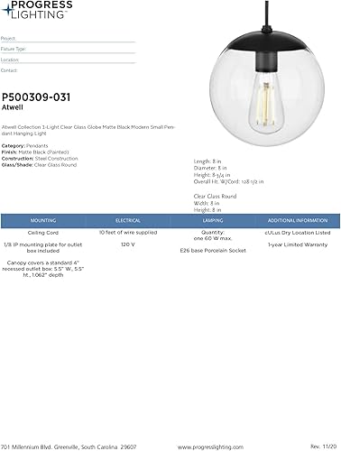 Miniatura 13 de Progress Lighting Atwell Collection - Lámpara colgante colgante pequeña con forma de globo de cristal transparente, color negro mate, 8.75 x 8.00 x