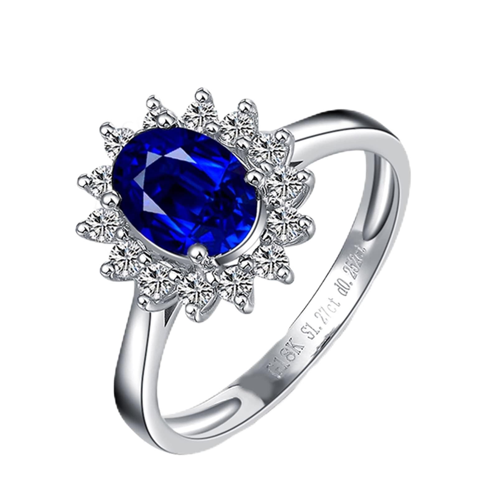 AMDXD Bague de fiançailles en or blanc 750 18 carats - Créée en laboratoire - Saphir classique - Taille ovale - Bleu - Bague de fiançailles avec moissanite 18 carats - Taille 49-70