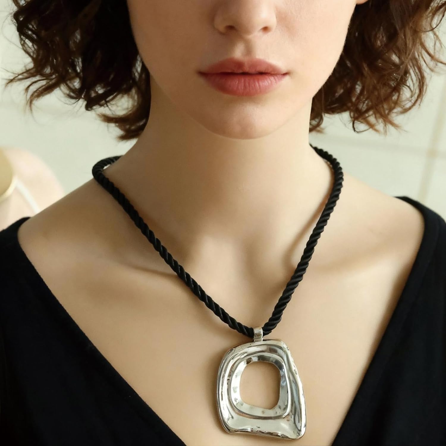 Chunky Gold Statement Necklaces Large Pendant Necklace Big Square Pendant Chunky Statement Jewelry Women 14K Gold Plated Black Rope - Image 3