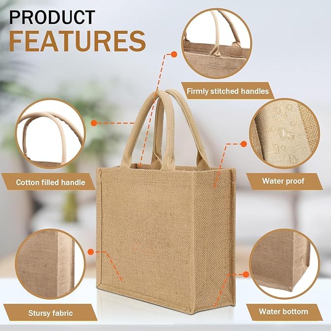 MSYU Lot de 12 grands sacs fourre-tout réutilisables en toile de jute avec poignées - Sacs cadeaux de cuisine réutilisables pour femme, mariage, loisirs créatifs, 40 x 32 x 15 cm, marron, One size