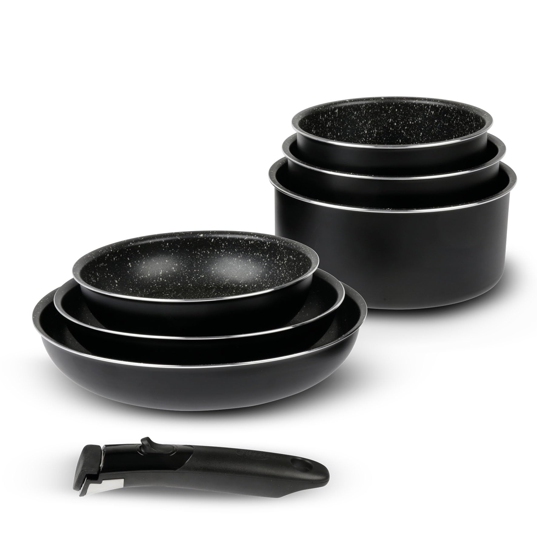 Sitram 716933 naczynia kuchenne 7 szt. Aluminium czarne: zdejmowany uchwyt, 3 patelnie Ø20,24,28 cm, 3 garnki Ø16,18,20 cm - powłoka nieprzywierająca bez PFOA z efektem kamienia - wszystkie palniki, w