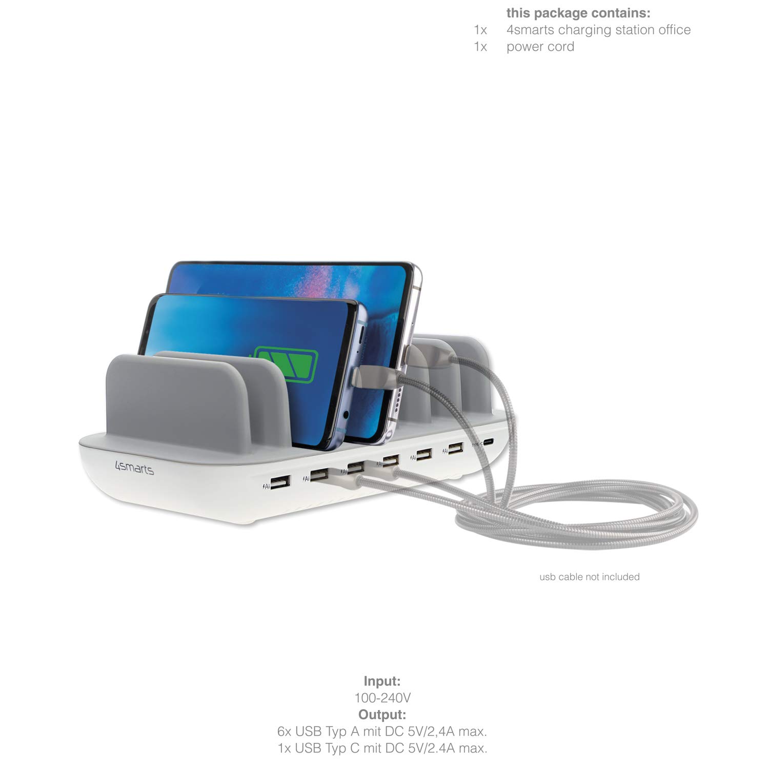 4smarts Office Station de Charge 60W avec 7 Ports USB [6X A & C 2.4A] Chargeur Rapide pour Multiples Appareils Compatible avec iPhone, Samsung, Huawei, iPad - Blanc