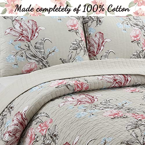 image for Cozy Line Home Fashions Taupe Khaki Floral Blooming Cotton Reversible 