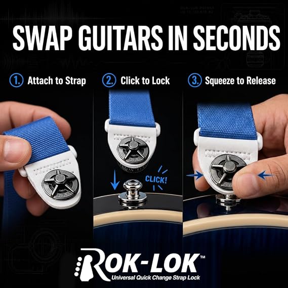 Rok Lok Pro - Universal Quick Change Guitar Strap Lock - Set of strap locks with ANTI-SCRATCH coating - Protect your instrument with no modifications or hardware replacement