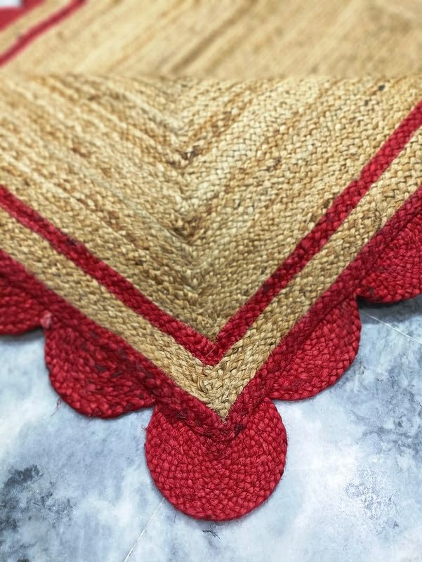 Alfombra festoneada de yute rojo y natural, tejida a mano, respetuosa con el medio ambiente, duradera y respetuosa con el medio ambiente, decoración bohemia para sala de estar, dormitorio o entrada