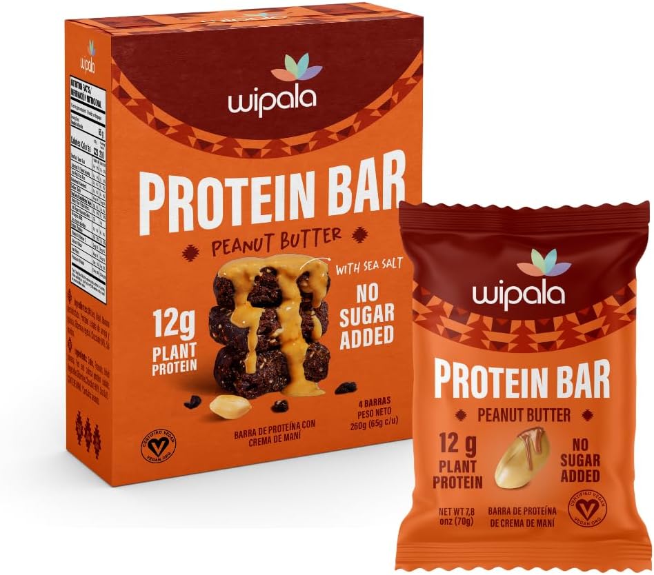 Wipala Protein Bars - Peanut Butter - 12g of Plant Based Protein per Bar! No Added Sugars, Certified Vegan, Gluten Free, 100% Natural