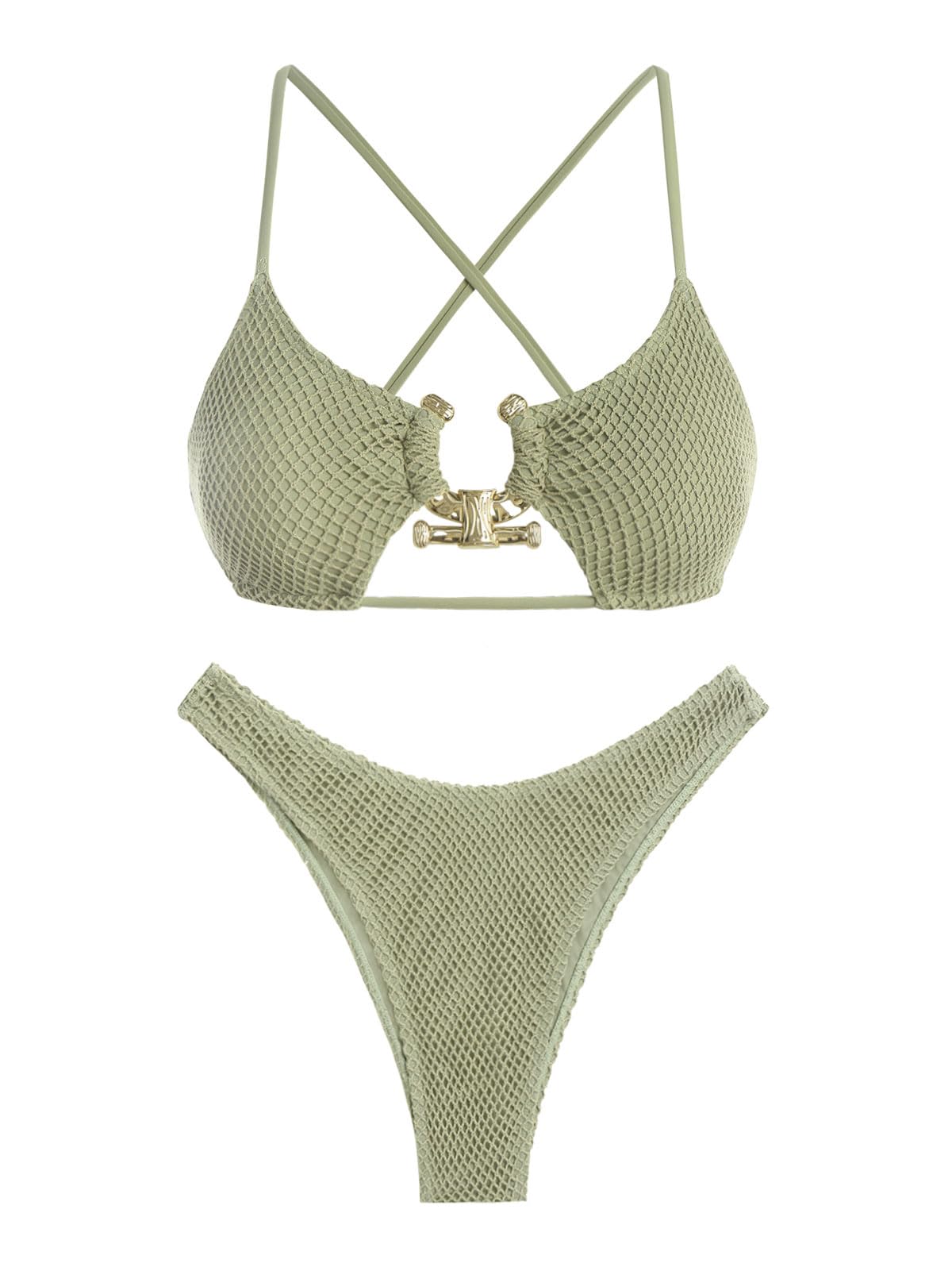 Photo 1 of ZAFUL Women's Cutout Bikini Criss Cross Textured Metal High Leg Bikini Sets Cheeky Swimswear Two Piece Swimsuit Large