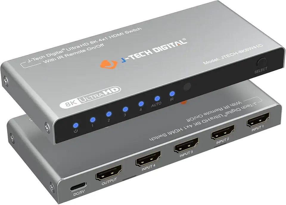 J-Tech Digital Switch Hdmi 4K 120Hz, Switch 2.1 4 Entradas 1 Saída, 8K 60Hz 1080P 240Hz Comutação Automática Por Controle Remoto Ir, Cabo de Alimentação Usb-C, Compatível com Hdr E Dolby Vision, Allm