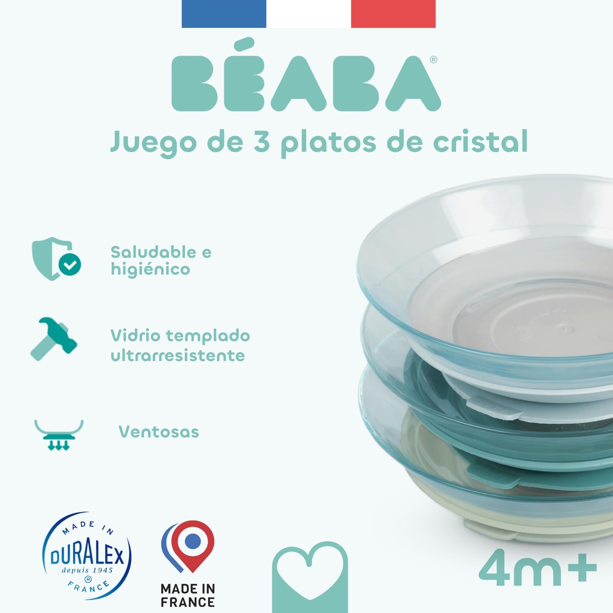 BÉABA x DURALEX, Set Bebé y Niño, 3 Platos de Vidrio Templado con Ventosas, Resistente, Saludable, Duradero y Fabricado en Francia, Misty Green