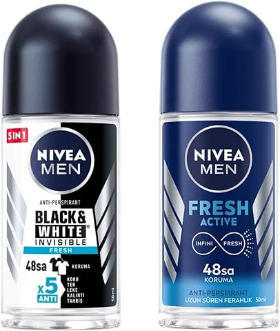 NIVEA Men Erkek Roll On Deodorant Fresh Active 50 ml X2 + NIVEA Men Erkek Roll On Deodorant Black&White Invisible Fresh 48 Saat Anti-Perspirant Koruma 50 ml