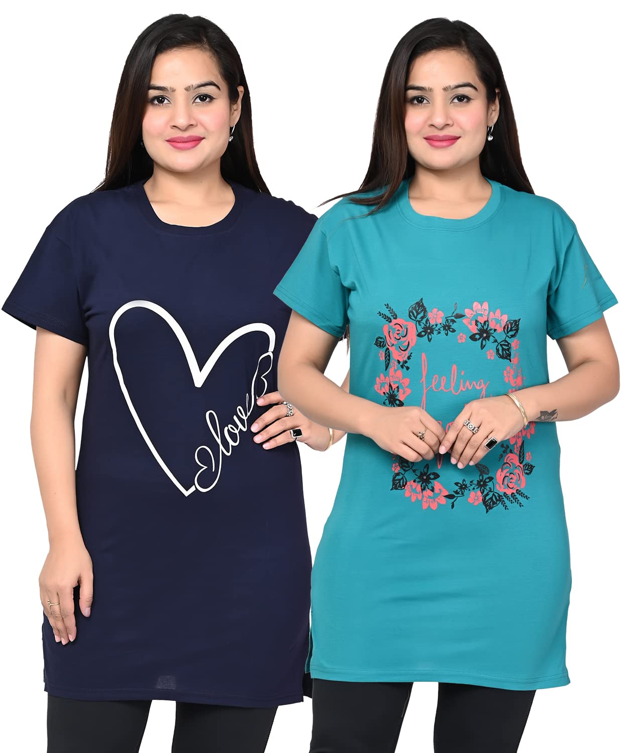 Women's/Ladies/Girls Printed Long Polo T-Shirts | Regular Fit Cotton T-Shirts/Tops/Long Night Wear & Daily Use T-Shirt for Women's & Girls | Combo (Pack of 2)