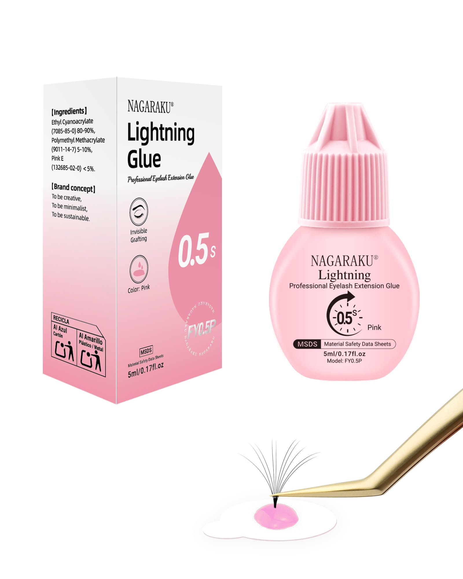 NAGARAKU Lightning Pink klej do rzęs 5 ml | 0,5 s bardzo szybkie schnięcie | utrzymuje się 6-7 tygodni | wysoka siła klejenia | trwałość 12 miesięcy | łatwy do usunięcia | nadaje się do jasnych lub