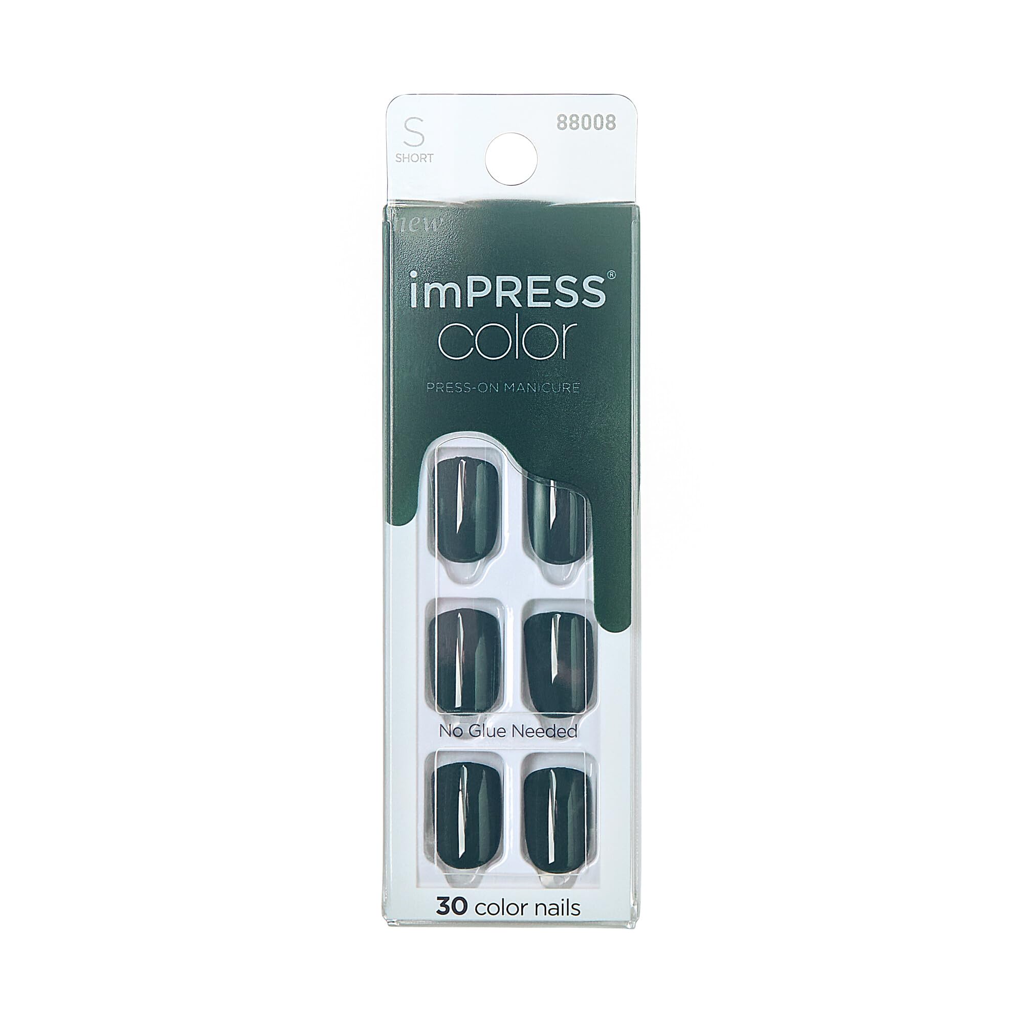 KISSimPRESS Color No Glue Mani 30 Pcs Press On Nails, Dark Green, Short Size, Squoval Shape, Simple Peel & Press Easy Apply, Hassel-Free Removal, Essential Tools Included