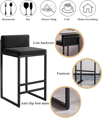Miniatura 7 de Juego de 12 taburetes de bar, sillas de bar tapizadas de terciopelo con reposapiés, taburetes de encimera de cocina, marco de hierro de metal negro