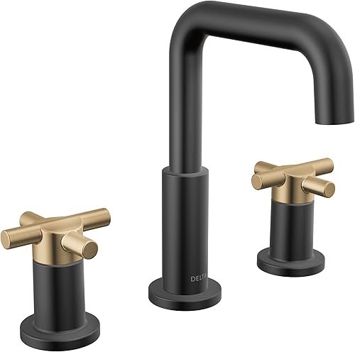 Delta Faucet Nicoli - Grifo de baño generalizado de 3 agujeros, grifo de baño negrodorado, grifo de baño de 2 asas, grifo de lavabo de baño,
