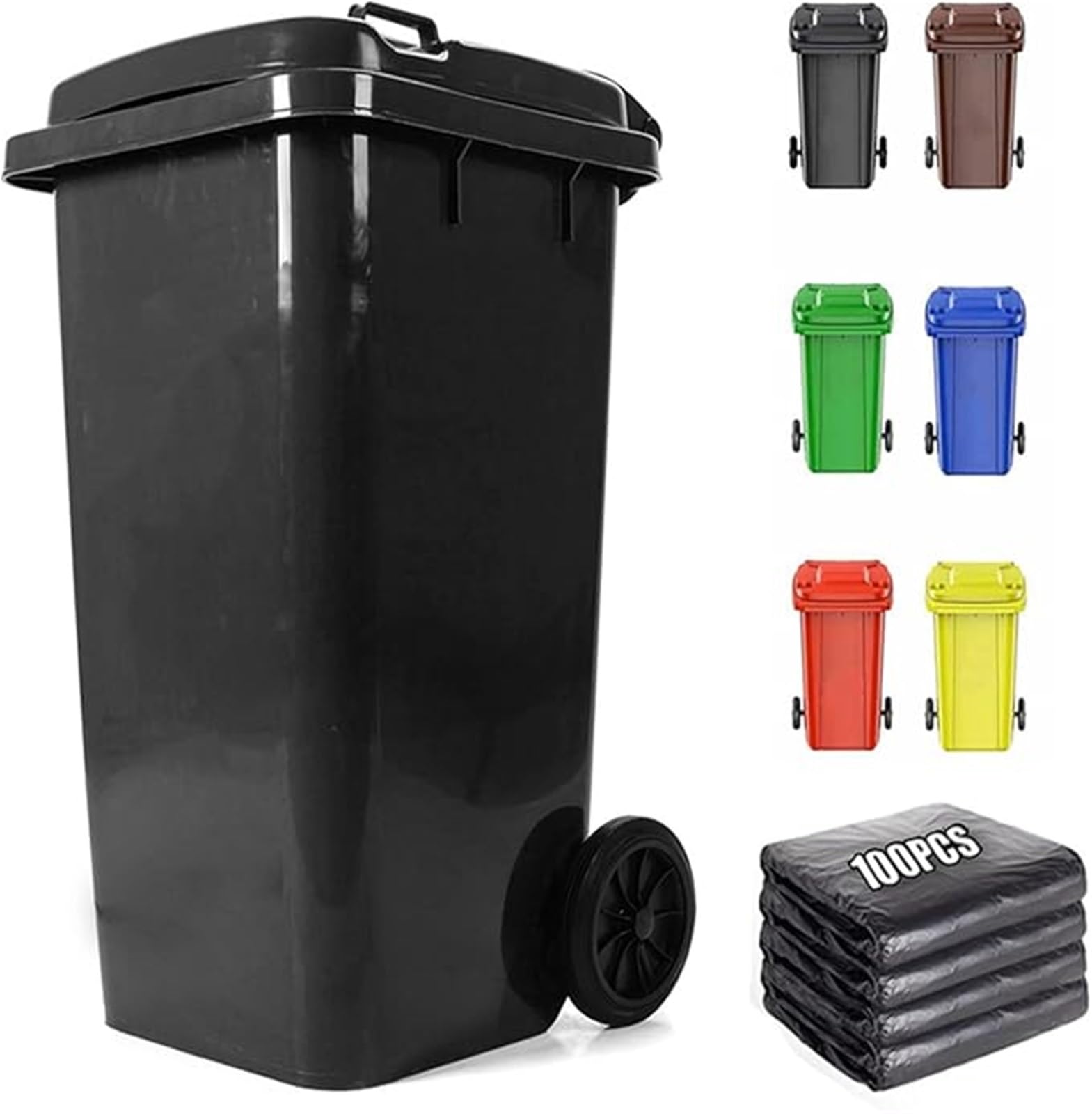 Komercyjny Kosz Śmieci 18/22/27/53 Galonowy Zewnętrzny Kosz Śmieci Kosz Śmieci Kółkach Z Pokrywką 100-częściowy Worek Śmieci, Duży Garażowy Kosz Śmieci Patio Do Kuchni I Zewnątrz(Negro,120L)