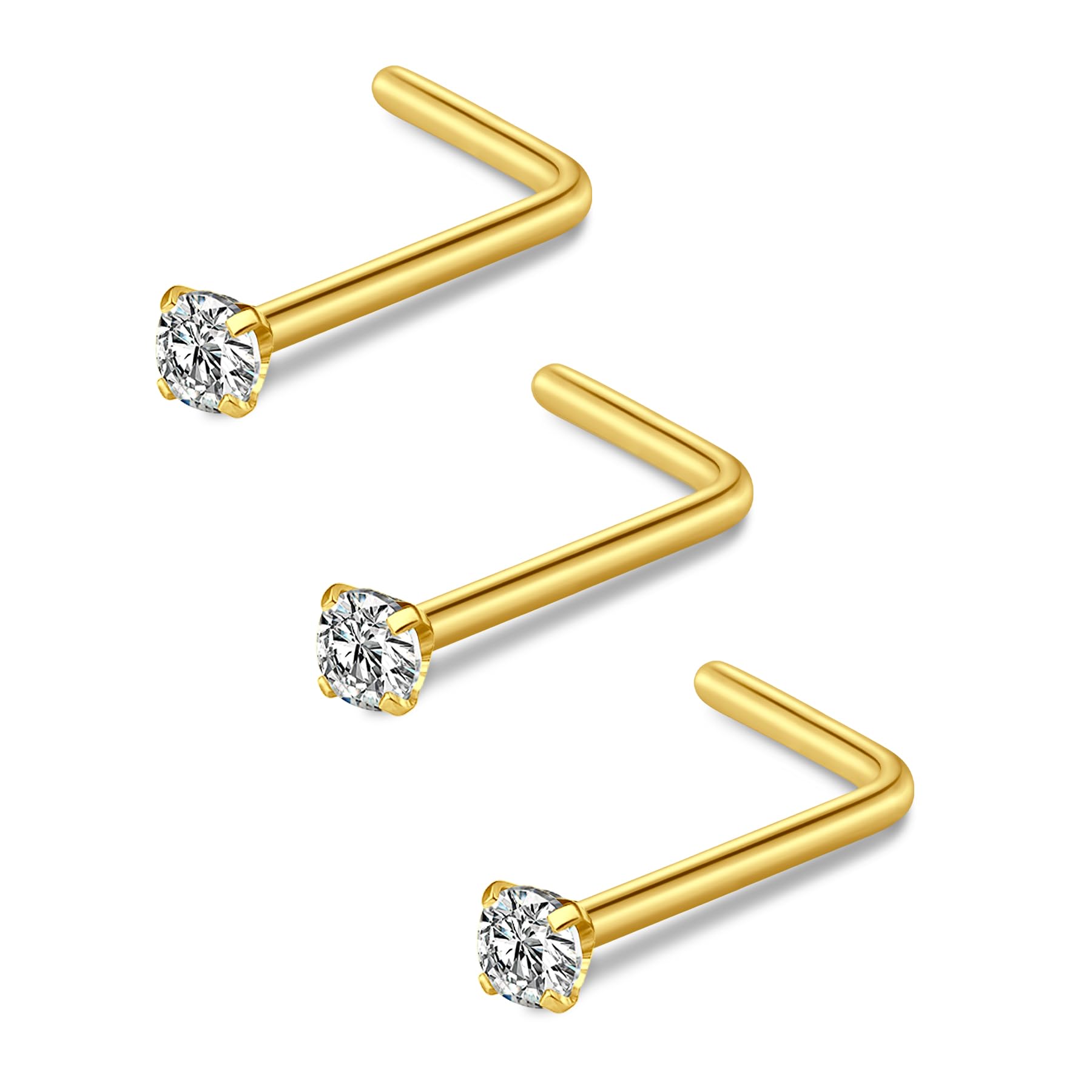 FECTAS Nose Stud L Shape Nose Ring Stud Nose Bar 18G 20G 1.5mm 2mm 2.5mm 3mm L Shaped Nose Piercing Jewellery Stainless Steel Clear Pink Blue Round Star Heart Diamond Silver Gold Black — view 10