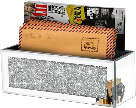 Crystal Crush Diamond Mail Organizer Countertop, Mirrored Wall Mount Letter Holder, Silver Mail Tray, Mail Holder Box for Desk, Mail Basket for Counter, Mail Storage Organizer