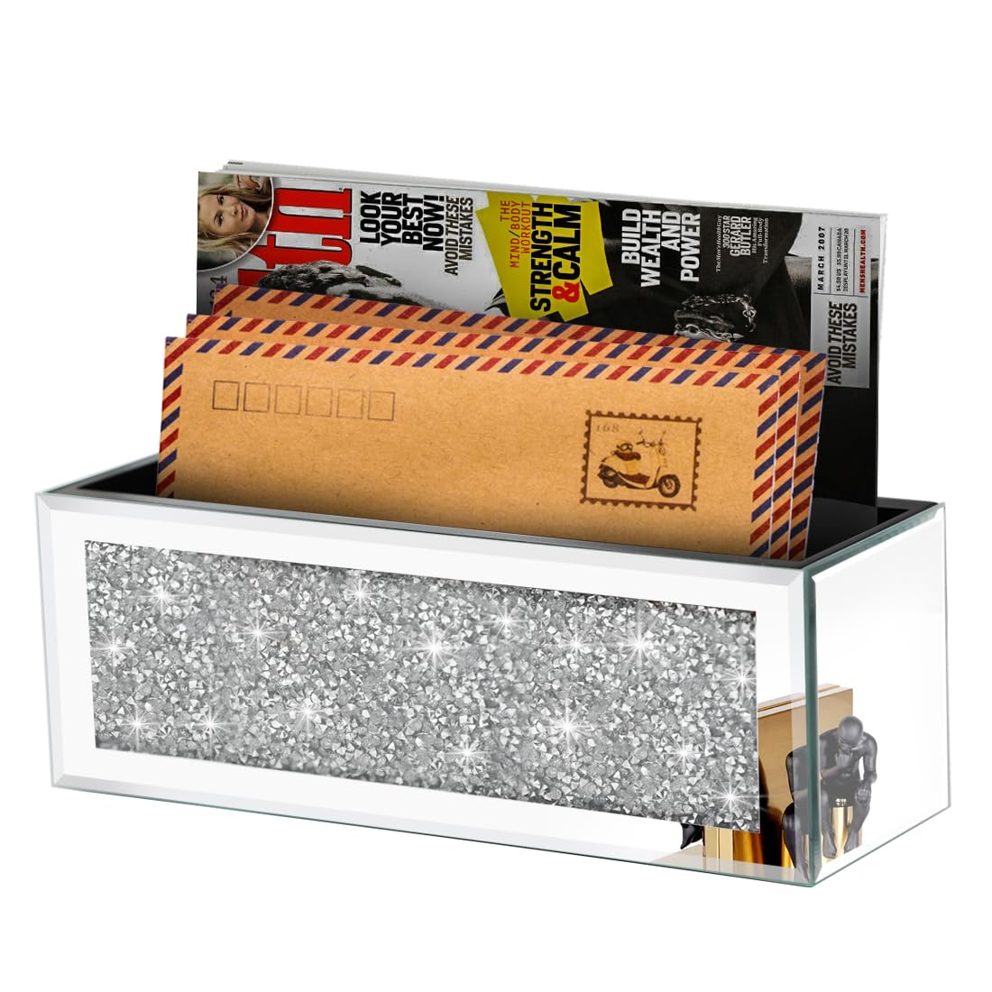Crystal Crush Diamond Mail Organizer Arbeitsplatte, verspiegelte Wandhalterung, Briefhalter, Silberne Postablage, Schreibtisch Postkorb