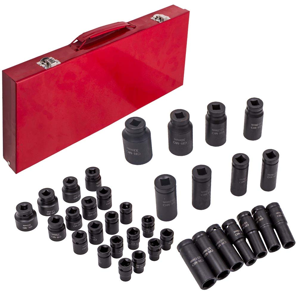 Zestaw 35 wykrętaków do nakrętek, nasadka udarowa do nakrętek 1/2", zestaw 6 standardowych nasadek udarowych Cr-Mo, metrycznych (8 mm - 32 mm)