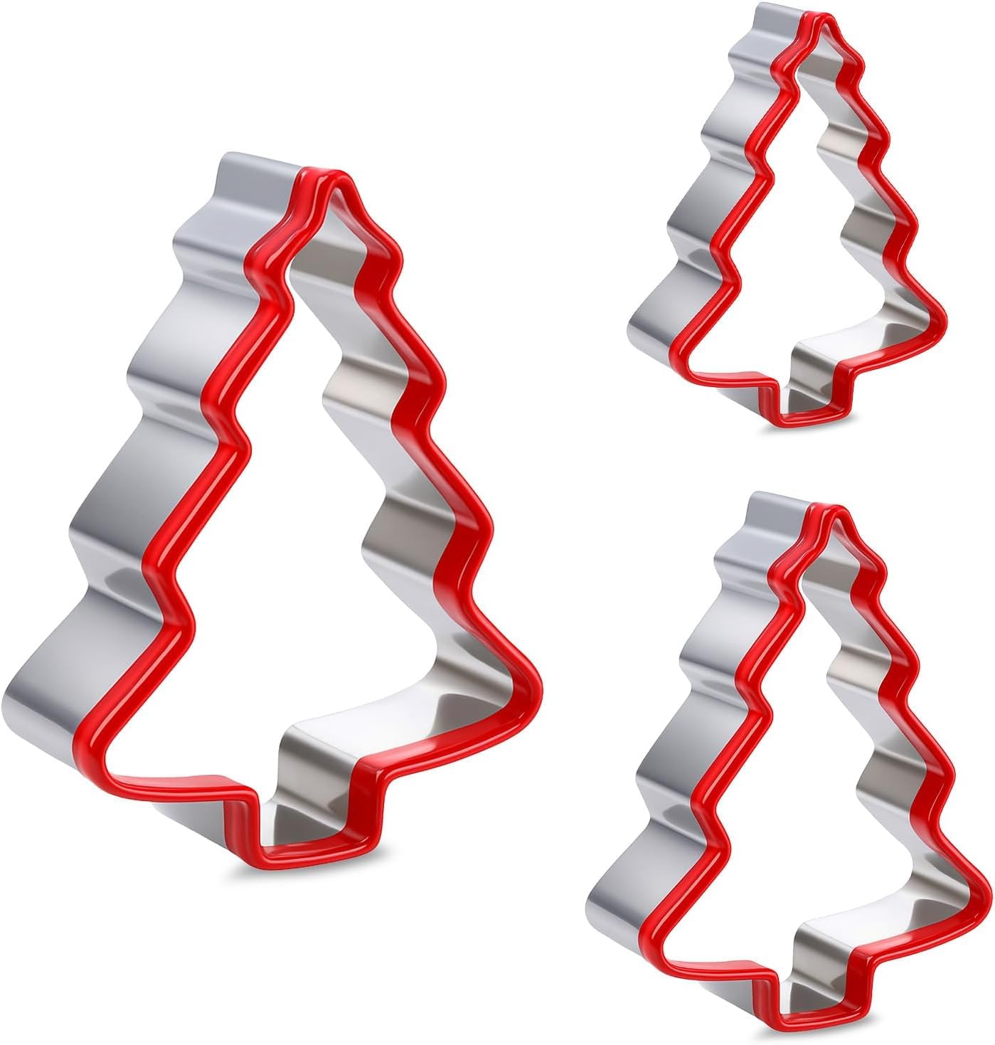 Photo 1 of 3 Pcs Christmas Tree Cookie Cutters, Stainless Steel Christmas Cookie Cutter with Red Environmental PVC Winter Holiday Biscuit Mold for Baking (3 Size) (Christmas tree)