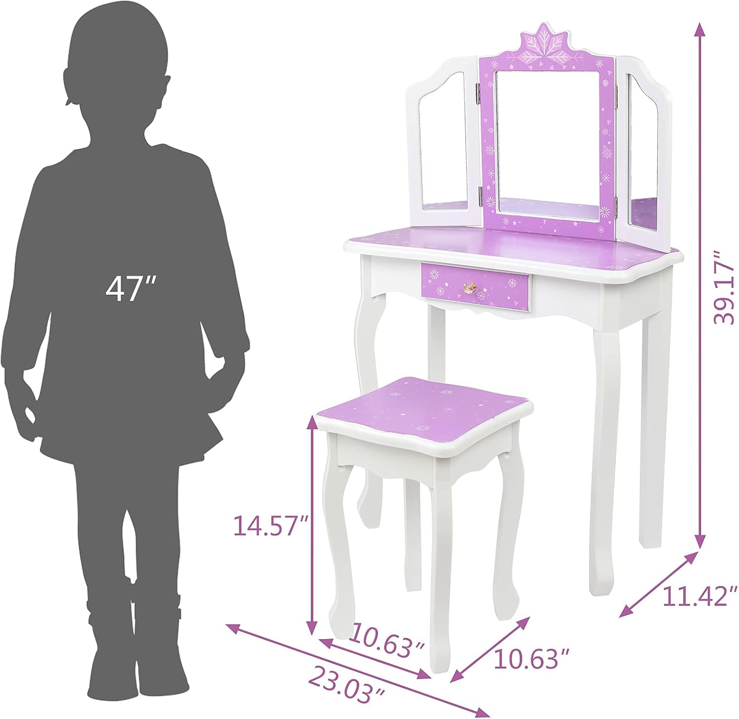 VALUE BOX Kids Princess Vanity, Girl Makeup Dressing Vanity Set with Stool and Tri-Folding Mirror, 2 in 1 Toddler Vanity Table with Drawer for Girls Age 3-9 (Purple)