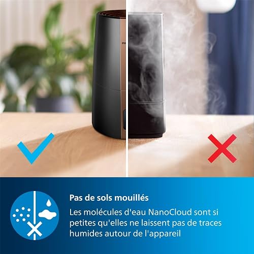 Humidificateur Philips Série 3000, 45 m², 99,97% moins de bactéries, 300 ml/h, 3 vitesses, mode sommeil, ultra silencieux (33 dB), capteur d'humidité, minuteur, réservoir 3L, noir (HU3918/10) - 6