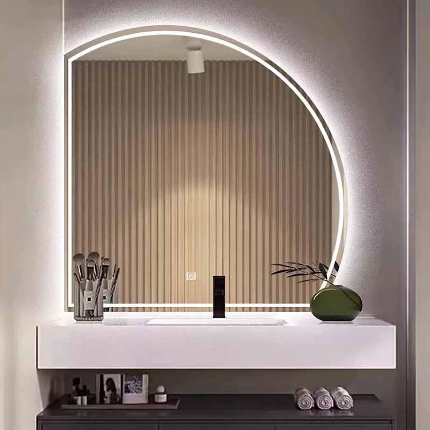 WJFTODAY Large Backlit Half Moon Wall Mirror - Frameless Anti-Fog Dimmable Vanity Mirror for Bathroom Decor, Modern Design, Perfect for Makeup and Grooming