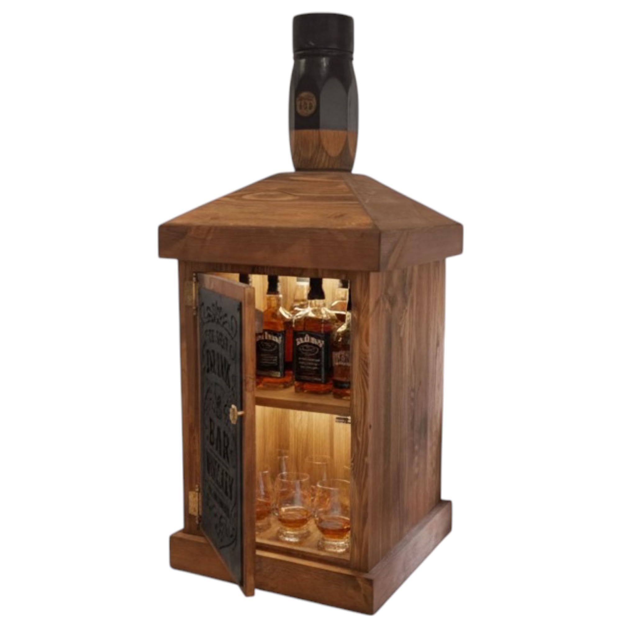 weeco Barschrank aus massivem Kiefernholz, Whiskyflaschen-Design, Braun, Rustikal, mit LED-Beleuchtung, Hausbar, 110 × 50 × 50 cm