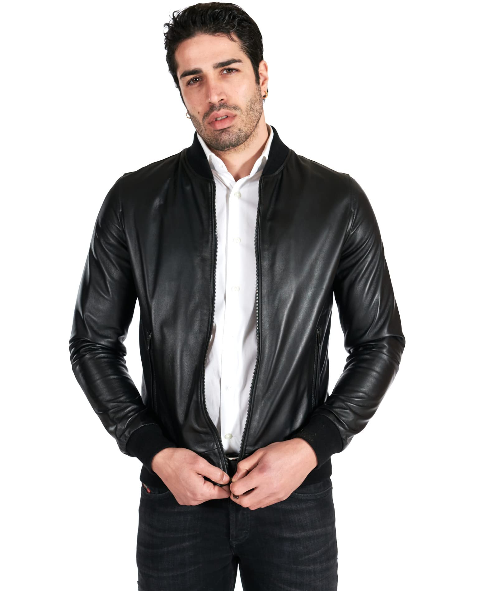 D'arienzo Men's Black Nappa Lamb Leather Bomber Jacket Size 46/Xs, Color