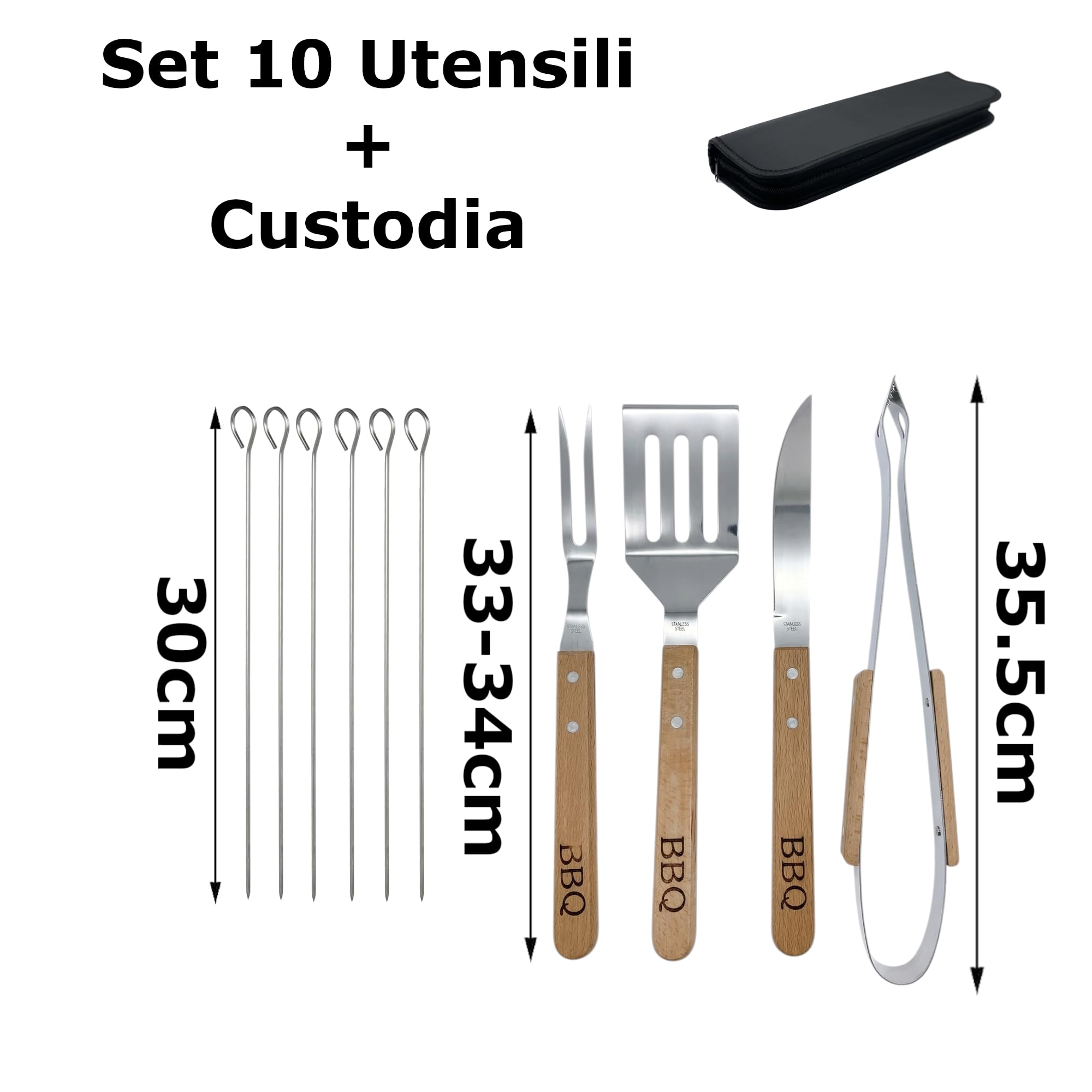 OCEANO Set Barbecue Professionale 11 Pezzi (10 Utensili + Custodia) Kit BBQ in Acciaio Inox con Manici Legno Accessori Griglia Giardino Campeggio Include Spatola Pinza Forchettone Coltello 6 Spiedini
