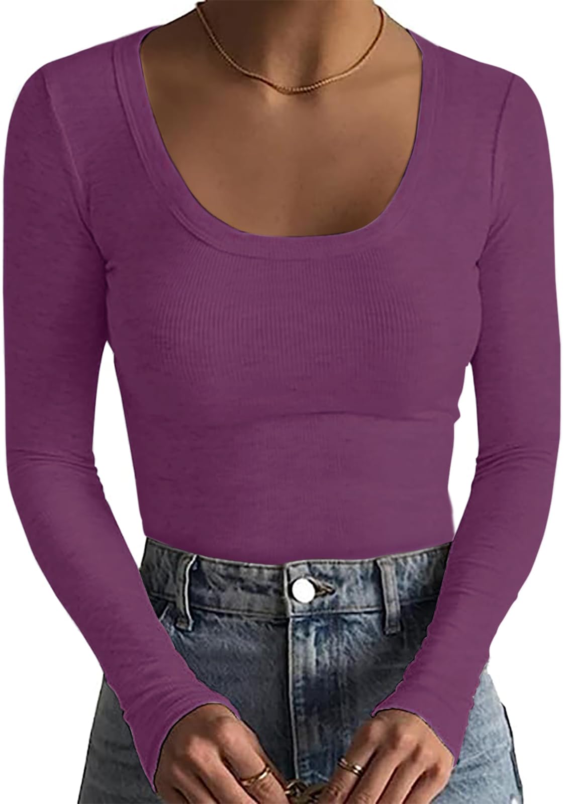 Basicspace Damen Gerippte Tops Schlank Hautfreundlich Basic T Shirt Einfarbig Tops Sexy Dehnbar Lässig Tief U Hals T Shirt Modisch Vielseitig Langarm Shirt
