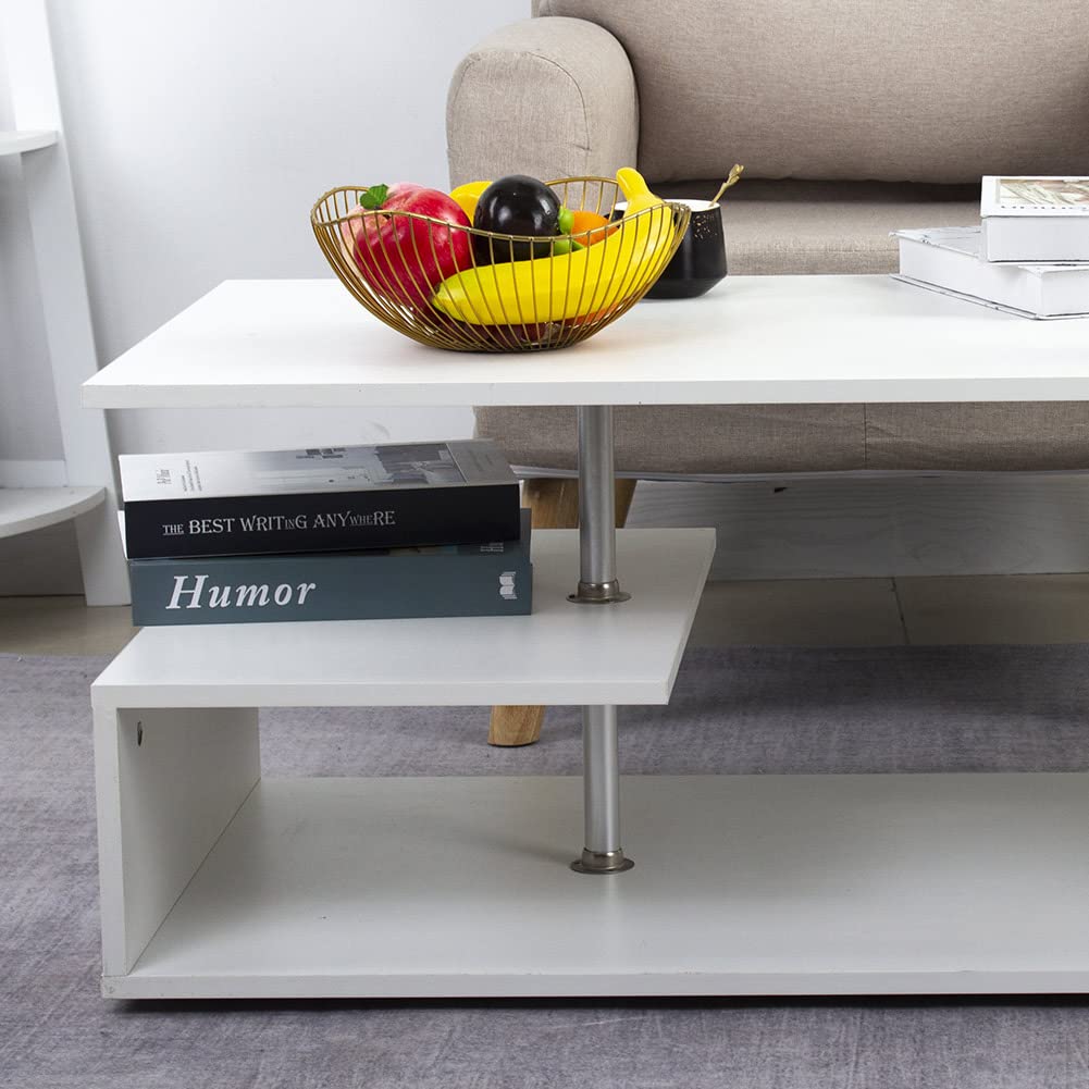 BAKAJI Mesita de salón Blanca para Sala de Estar, café, para Ordenador, Mesa de salón Lateral, sofá con Doble Estante y Estructura de Madera, diseño Moderno, 41 x 91 x 52,6 cm, decoración para el