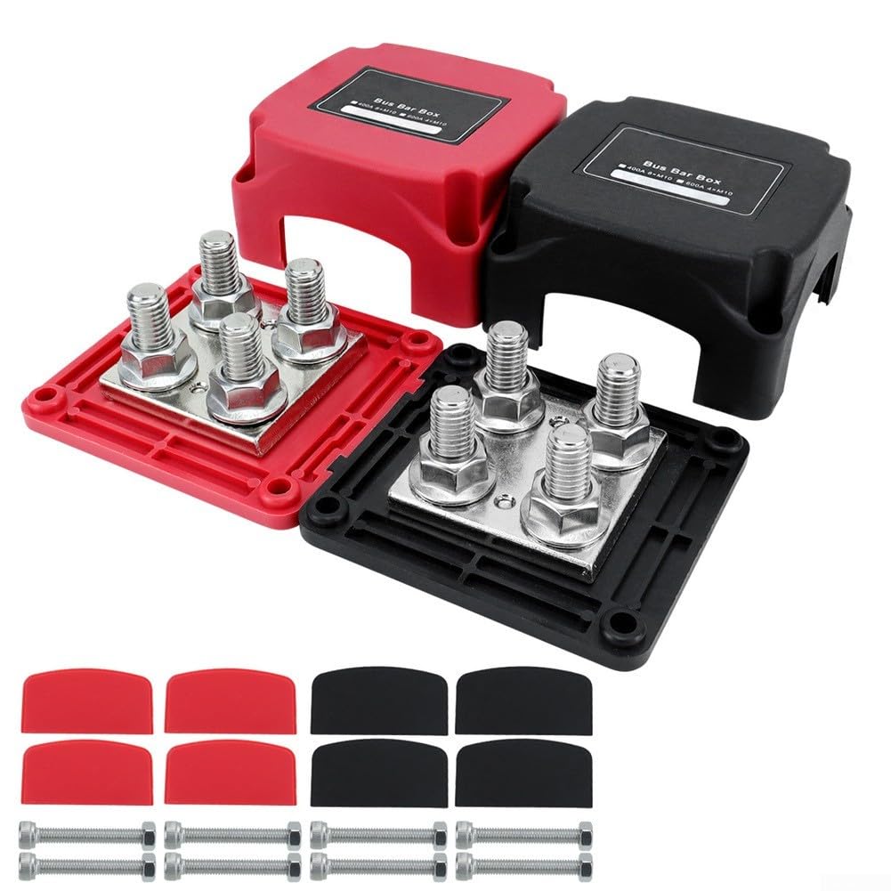 400 A Marine Sammelschienen-Panel mit M10-Klemmen, 12 V-48 V DC, verstärktes Nylon, Kupfer, Edelstahl, für Wohnmobil, Boot, LKW, industrielle elektrische Verteilung (rot + schwarz)