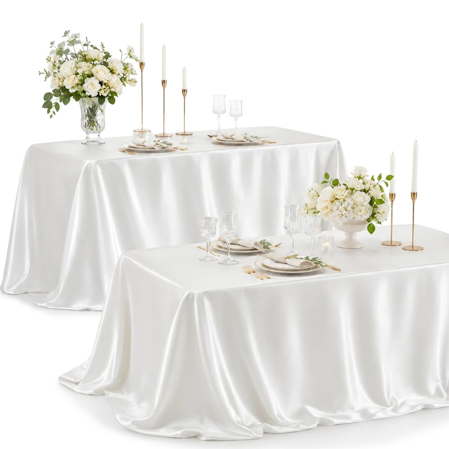 2Pcs White Table Cloth, Luxury Satin Surface, Large 152x260cm, Washable