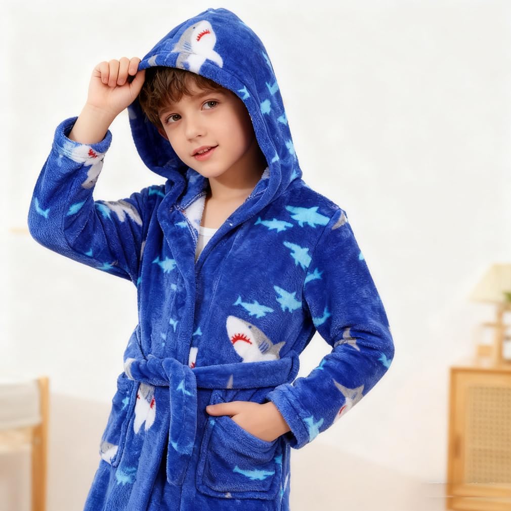 Boys Girls Bathrobes,Toddler Boy Girl Robes,Children's Plush Soft Coral Fleece Hooded Pajamas Sleepwear for Kids
