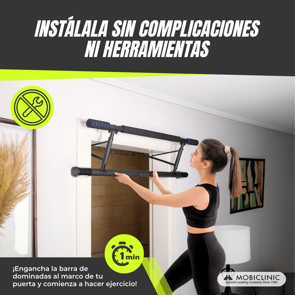 Mobiclinic® fitness, Barra de dominadas para colgar, Sin herramientas, K5, Máx. 200 kg, Con elástico, Asas espuma antideslizante, Acero, Adaptable 70-92 cm, Ejercicio en casa, Fácil almacenaje