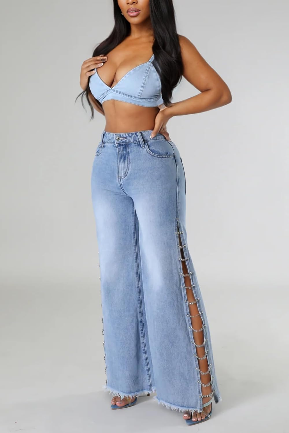 Vakkest Women's High Waist Rhinestone Jeans Diamond Lace Up Hollow Out Split Denim Pants Fringe Hem Wide Leg Trouser - Image 4
