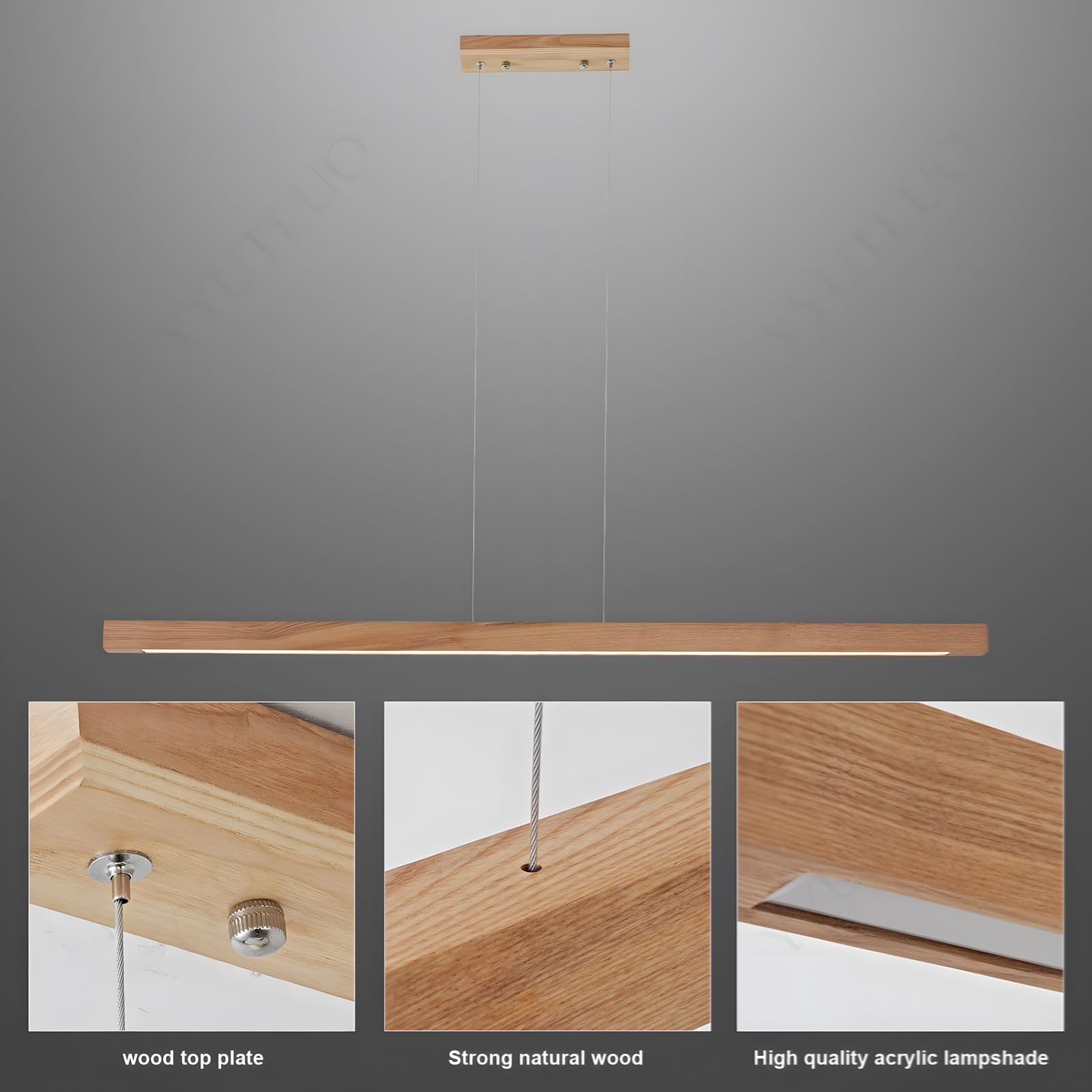 Prostopadłościan Drewniany Żyrandol Liniowy, Ściemnialne Światło z Pilotem, Wiszący Przewód 150cm Regulowany, Led Nowoczesny Minimalistyczny, Salon Biuro Jadalnia Kuchnia (Kolor Drewna 100cm)