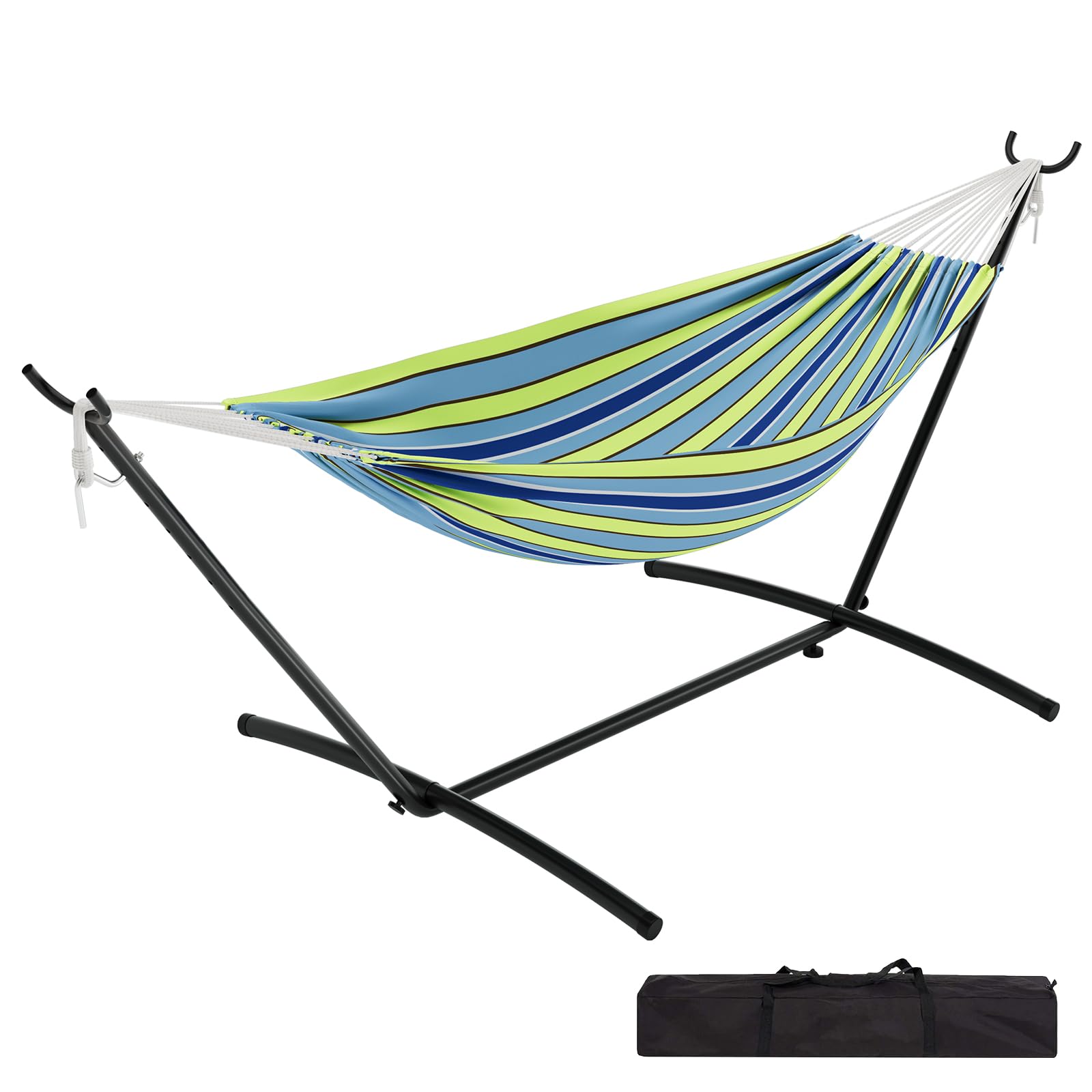 AffinityFurn Hammock with Stand Set, 2 Person Foldable Portable Polyester Cotton Hammock, 450 Lbs Capacity with Carry Bag, Outdoor Hammock for Patio Garden Backyard Camping - Green Blue Stripes