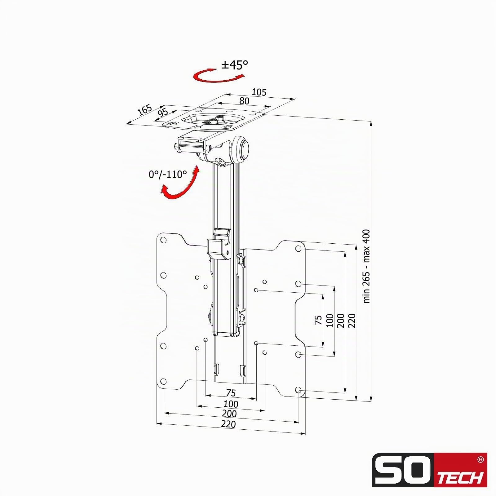 SOTECH soffitto per TV DH-01-37 | Supporto pieghevole, ruotabile | regolabile in altezza e inclinabile per schermi diagonale da 17-37 pollici | Carico 20 kg | compatibile VESA