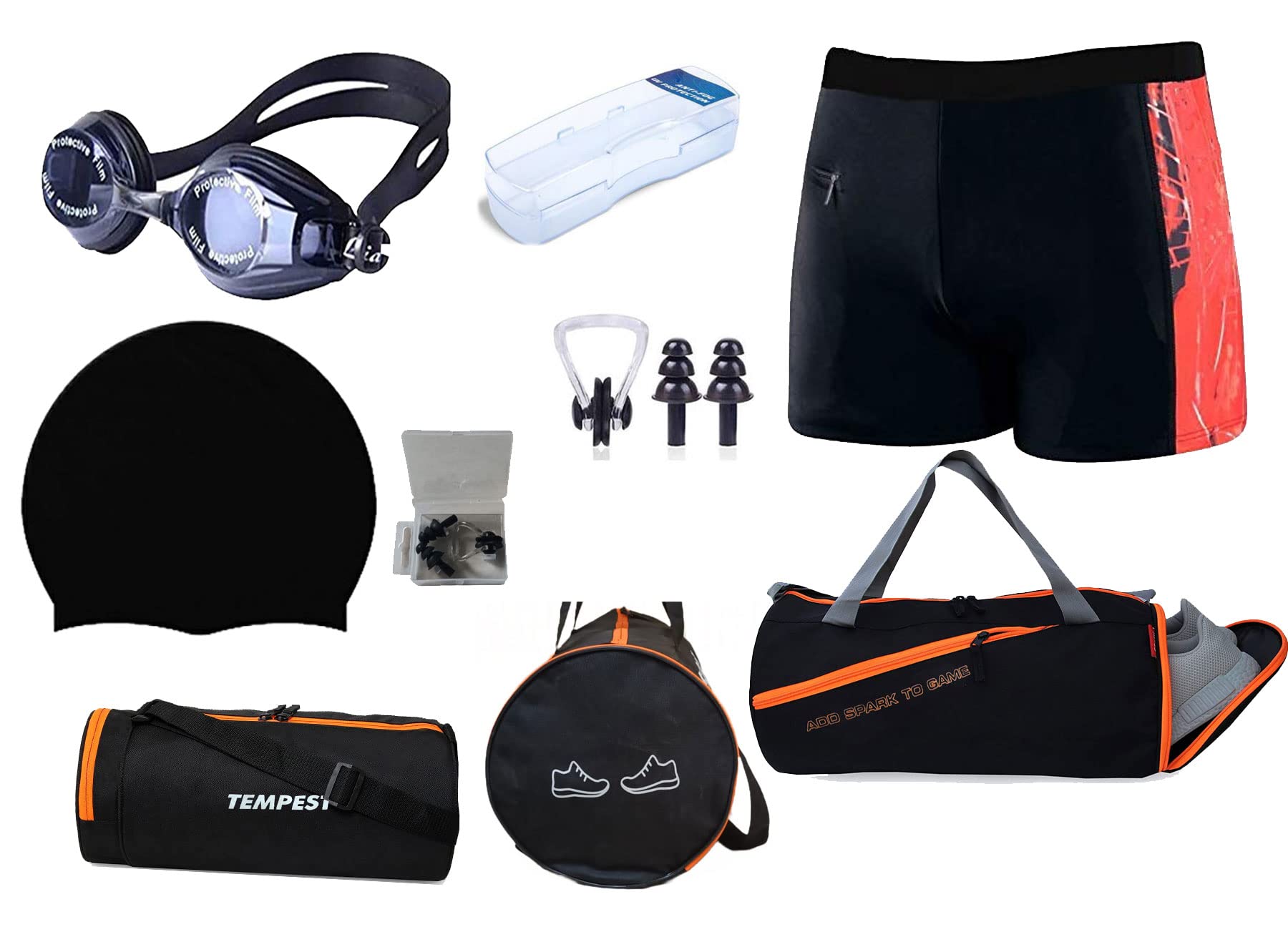 Men's Swimming Kit with Swimming Costume | Trunks |Shorts, 1 Cap, 1 Anti Fog Goggles, 1 Nose Clip, 1 Pair of Ear Plugs, 1 Gym Bag Duffle Bag