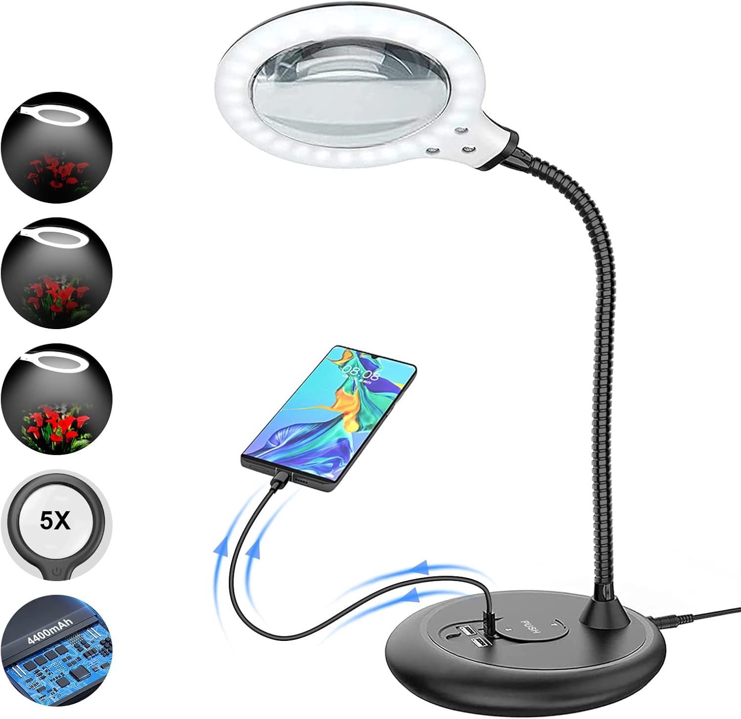 Rechargeable 5X Magnifying Glass Lamp with USB Charging Port, Large