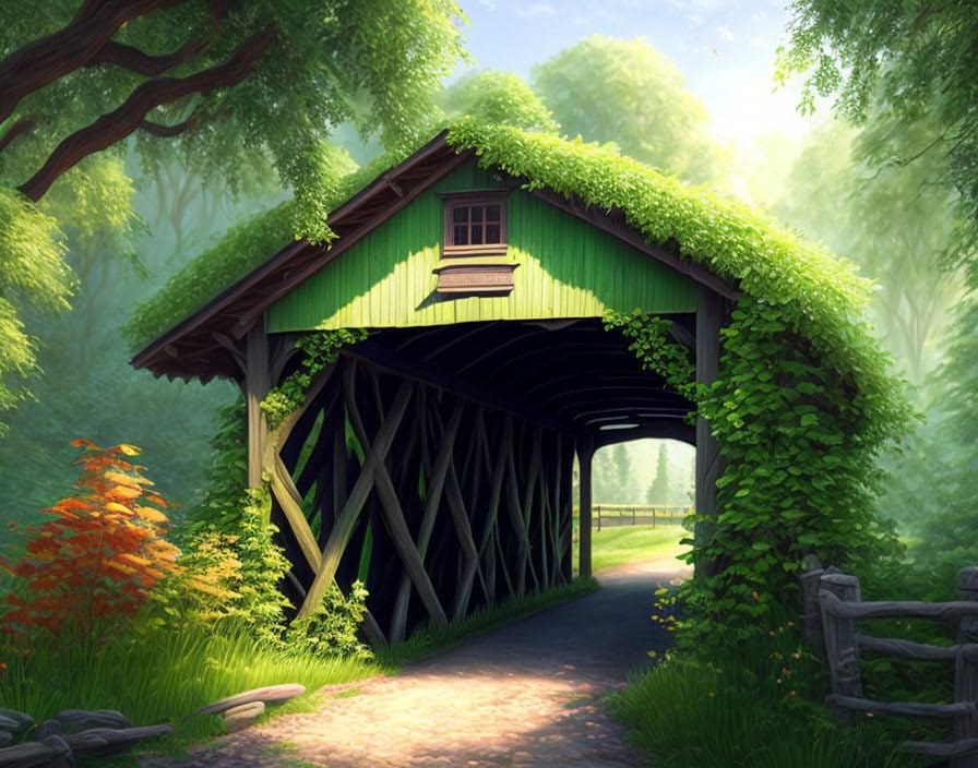 Grande toile verticale 58 x 90 cm motif pont couvert en bois et vignobles