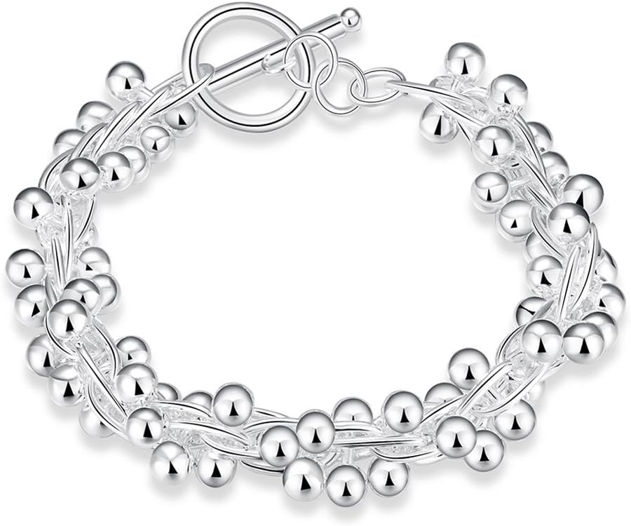 Fashion Sterling Silver Ball Bead Chain Bracelet -Handmade Link Chain Bracelet For Women Mom Wife Valentine Mothers day Gift, Toggle Button 8"