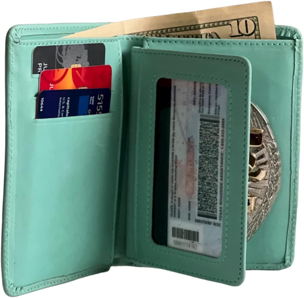Law Enforcement Badge Wallet, All Leather, Fits Any Shape Badge with a Pin Back -Turquoise
