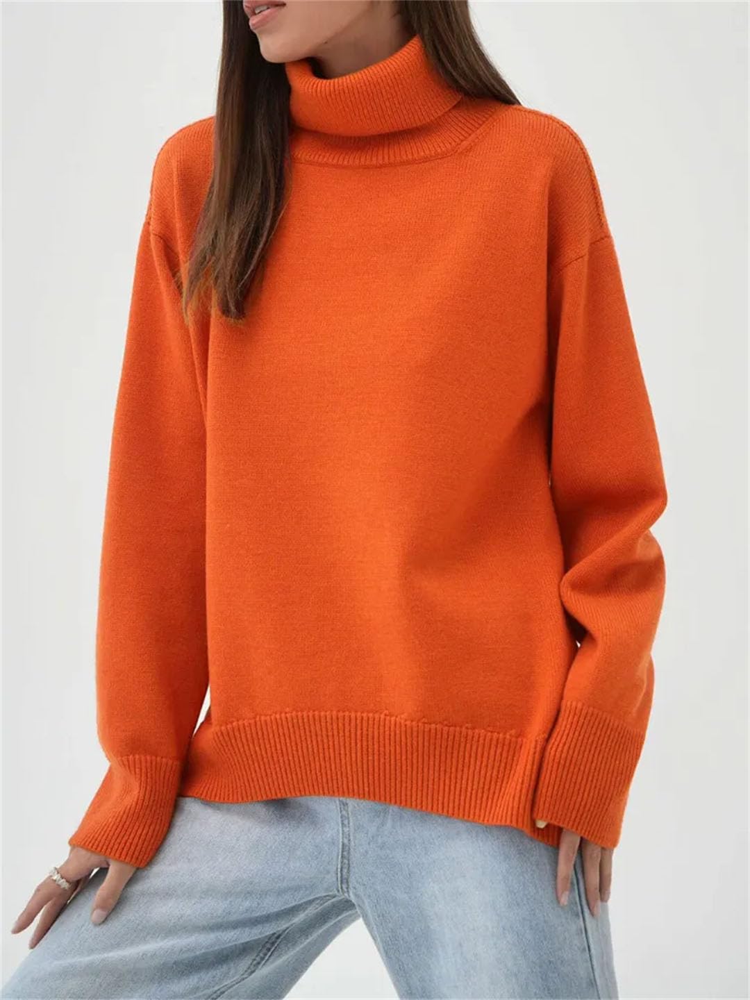 Maglione da donna a collo alto lavorato a maglia, maglione oversize