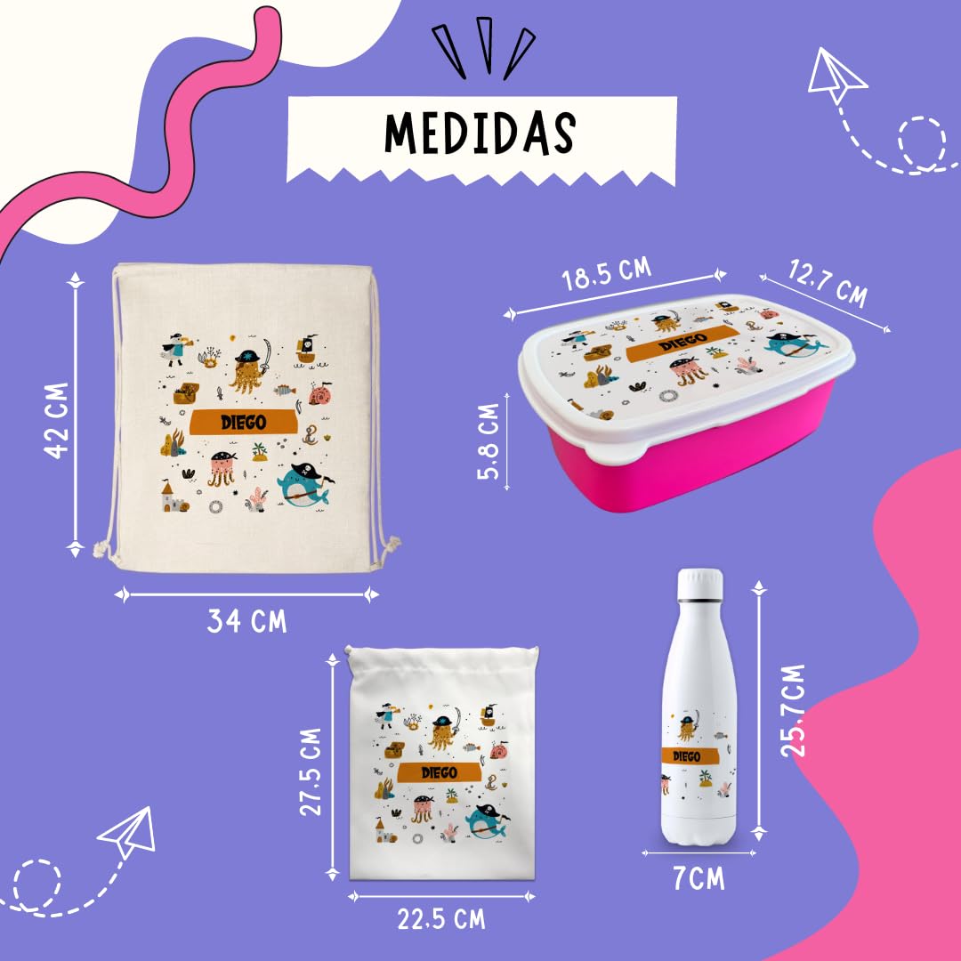 Pack vuelta al cole piratas botella personalizada + mochila saco personalizada + fiambrera personalizada + bolsa merienda personalizada con texto para el colegio o guardería. Libre de BPA